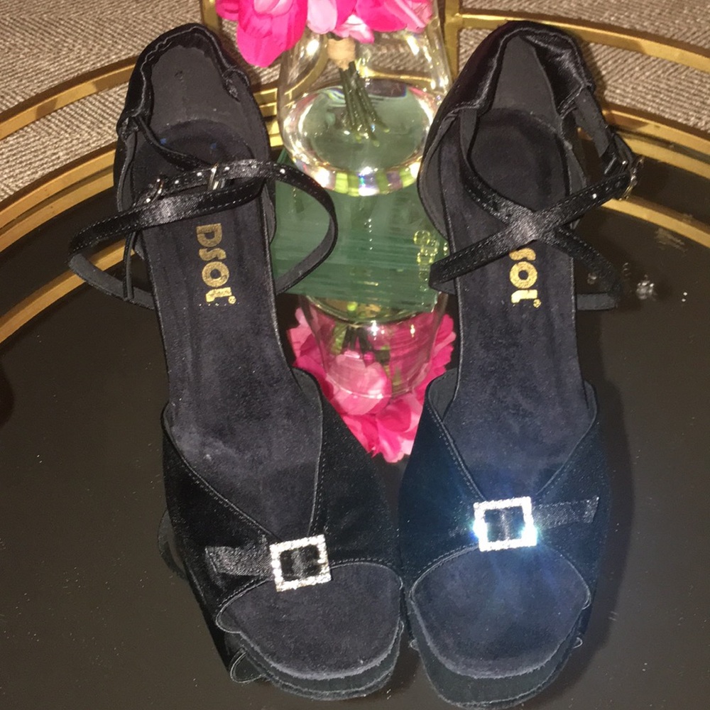 🔥SALSA DANCE SHOEblack satin rhinestones dust bag